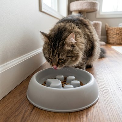 Gamelle chat glouton grise chat mange croquettes