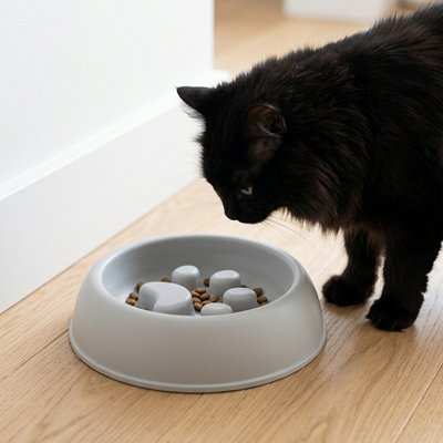 Gamelle chat glouton grise chat noir se tenant devant