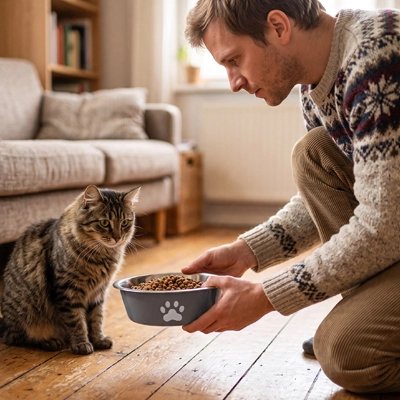 Gamelle chat grise avec croquette homme servant chat 