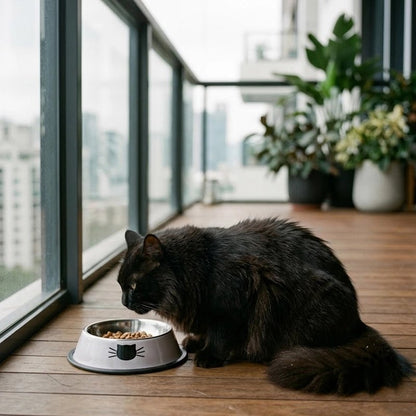 Gamelle chat inox blanche chat mange dans balcon