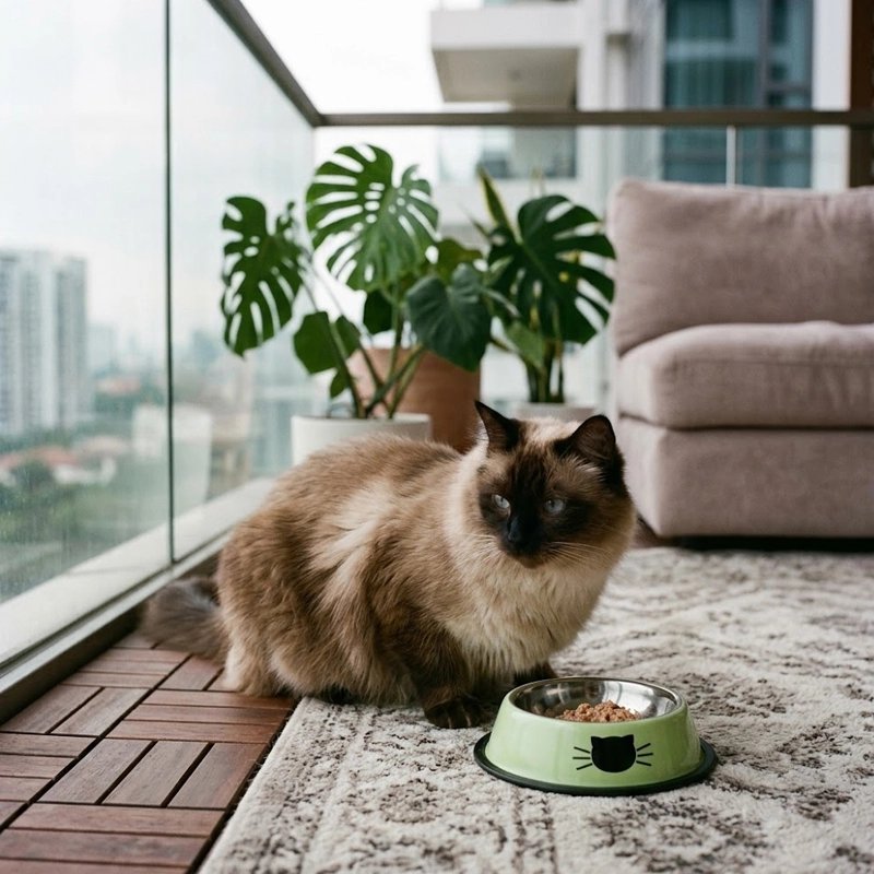 Gamelle chat inox verte avec pâtée chat dans balcon