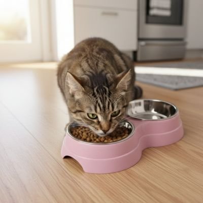 Gamelle chat rose avec chat mange dans cuisine