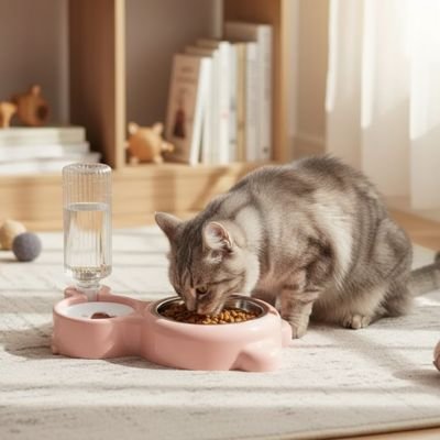 Gamelle chat rose chat mange croquettes 