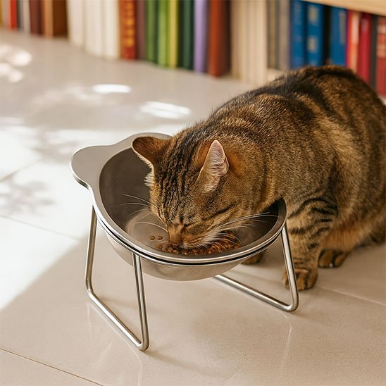 Gamelle chat surélevée avec chat mangeant dans une posture naturelle