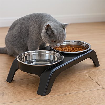 Gamelle chat surélevée avec eau croquettes pour chat gris