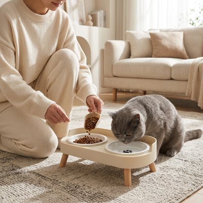 Gamelle chat surélevée beige chat boit femme servant croquettes
