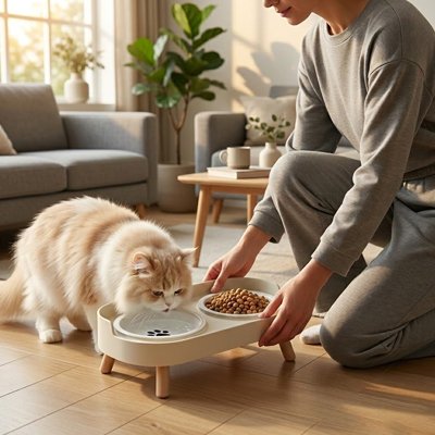 Gamelle chat surélevée beige femme servant chat à manger