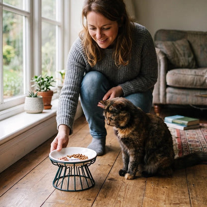 Gamelle chat surélevée céramique femme servant pâtée au chat 