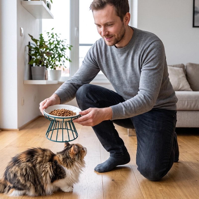 Gamelle chat surélevée céramique homme sert croquettes chat