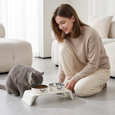 Gamelle chat surélevée double femme regarde chat manger