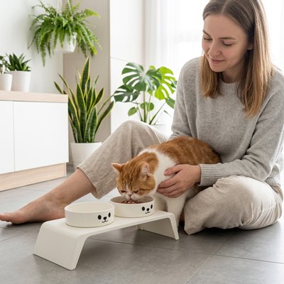 Gamelle chat surélevée double femme tenant chat qui mange