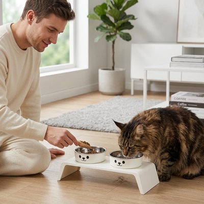 Gamelle chat surélevée double homme servant chat croquettes