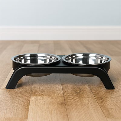 Gamelle chat surélevée double vide inox sur support noir