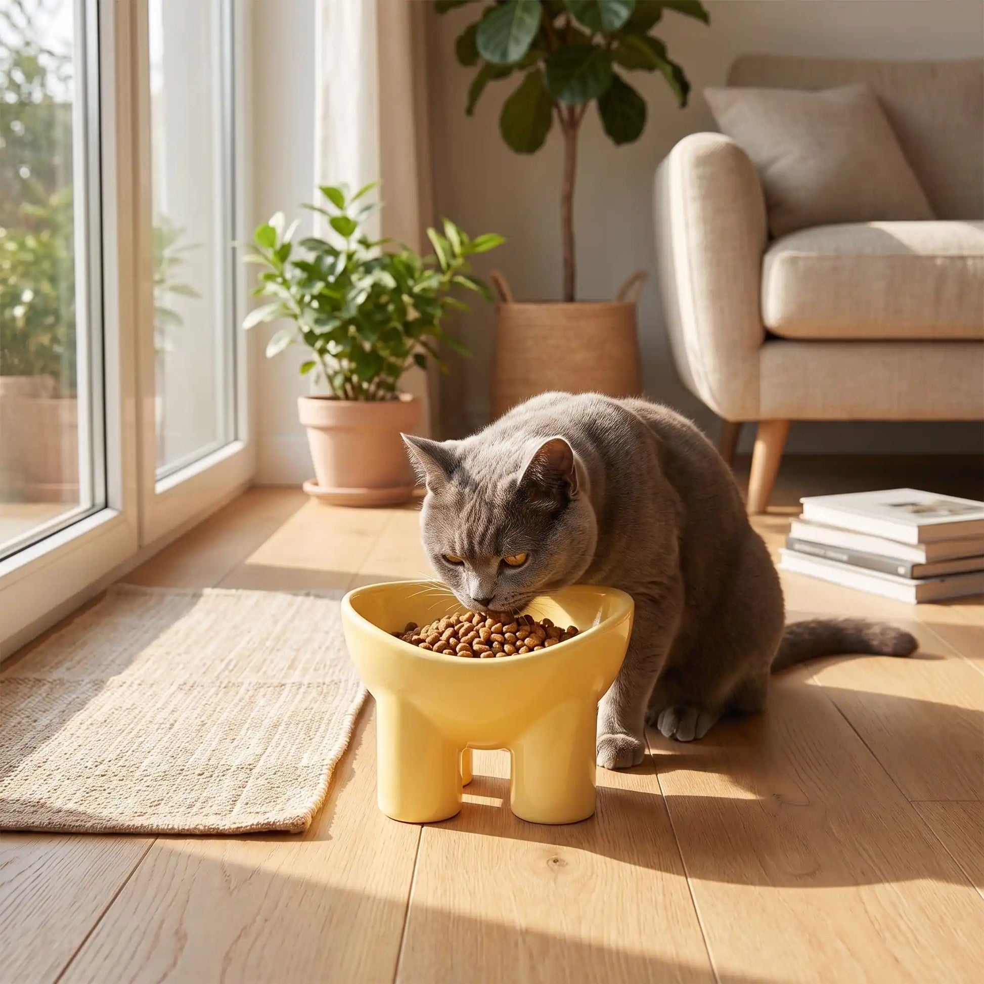 gamelle chat surélevée jaune chat mange dans salon ensoleillé