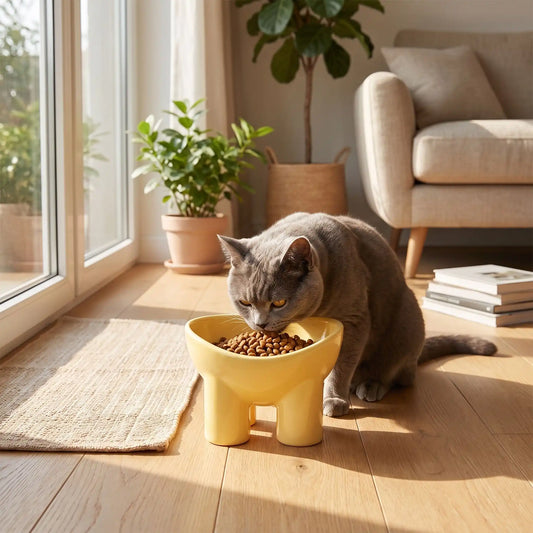 gamelle chat surélevée jaune chat mange dans salon ensoleillé