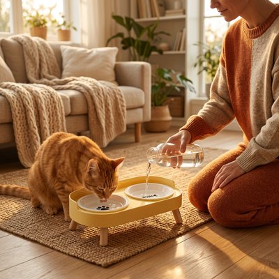 Gamelle chat surélevée jaune chat mange femme ajoute eau