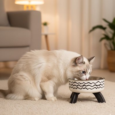 Gamelle chat surélevée motifs rayés chat mange dans salon