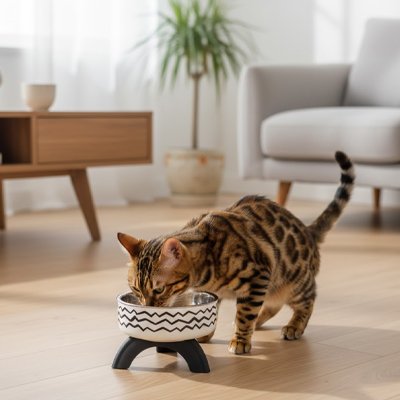 Gamelle chat surélevée motifs rayures chat qui mange