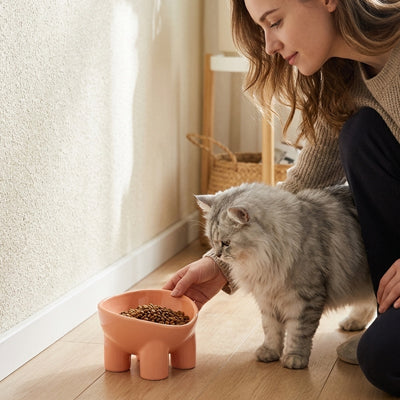gamelle chat surélevée rose femme servant son chat croquettes