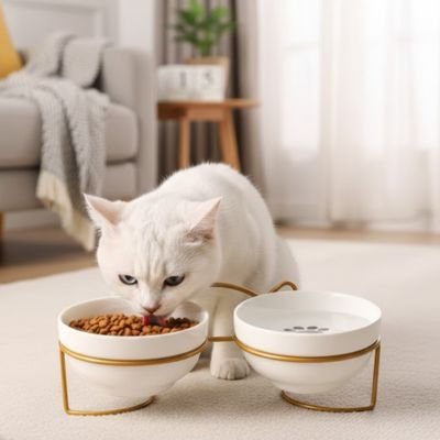 Gamelle chat surélevée support doré chat mange