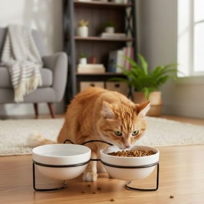 Gamelle chat surélevée support noir chat roux mange croquettes