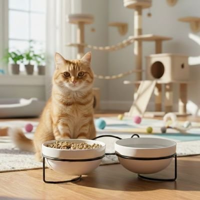 Gamelle chat surélevée support noir chat se tenant devant