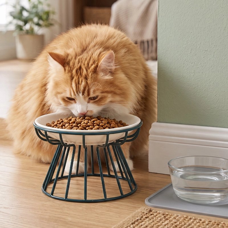 Gamelle chat surélevée support vert chat roux mange