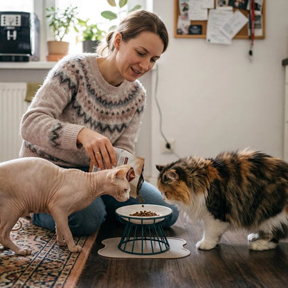Gamelle chat surélevée support vert femme avec deux chats
