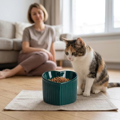 Gamelle chat surélevée verte chat devant femme le regardant
