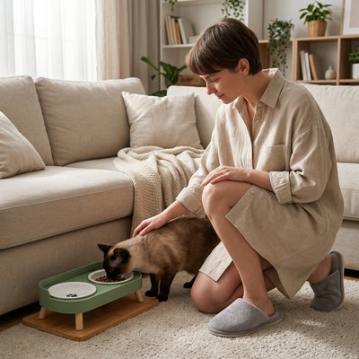 Gamelle chat surélevée verte chat mange femme le caresse