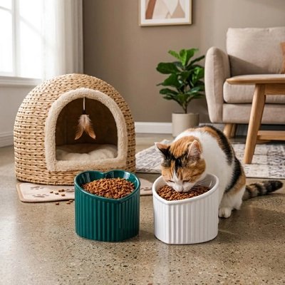 Gamelle chat surélevée verte et blanche chat mangeant croquettes