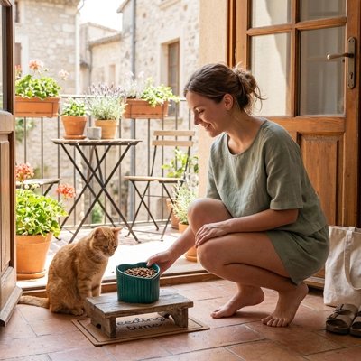 Gamelle chat surélevée verte femme servant chat croquettes