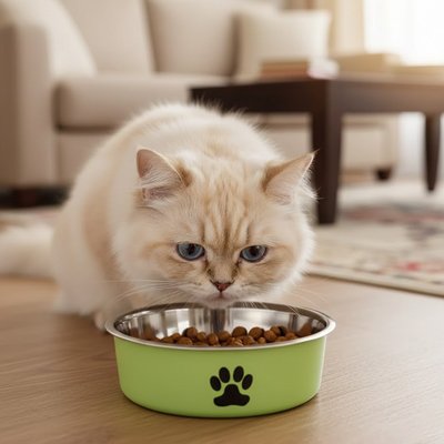 Gamelle chat verte avec avec chat mangeant dedans