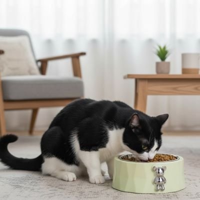 Gamelle chat verte avec chat noir blanc mangeant dedans