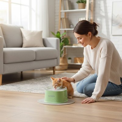 Gamelle chat verte chat boit femme attendrie 