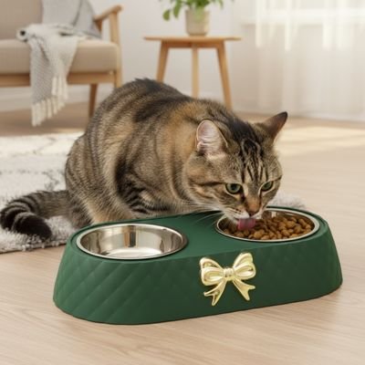 Gamelle chat verte chat mangeant croquettes dedans 