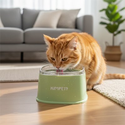 Gamelle chat verte chat roux buvant dedans