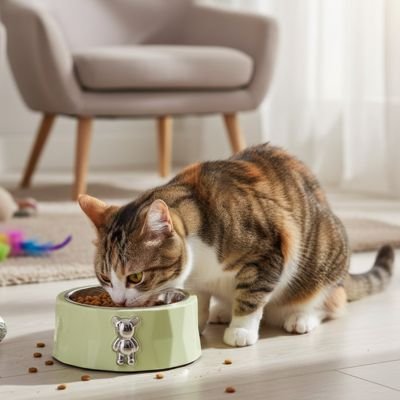 Gamelle chat verte chat tigré mangeant croquettes