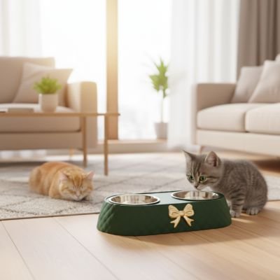 Gamelle chat verte chaton se tenant devant