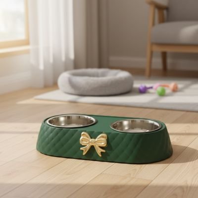 Gamelle chat verte posée au sol dans salon