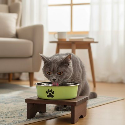 Gamelle chat verte sur support chat gris mange
