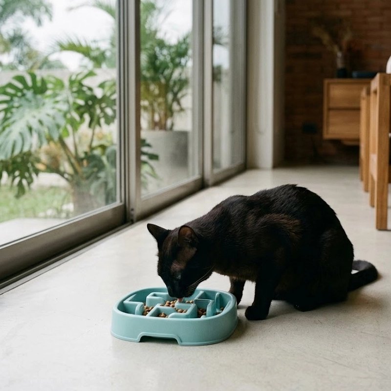 Gamelle glouton chat bleue chat noir mange 