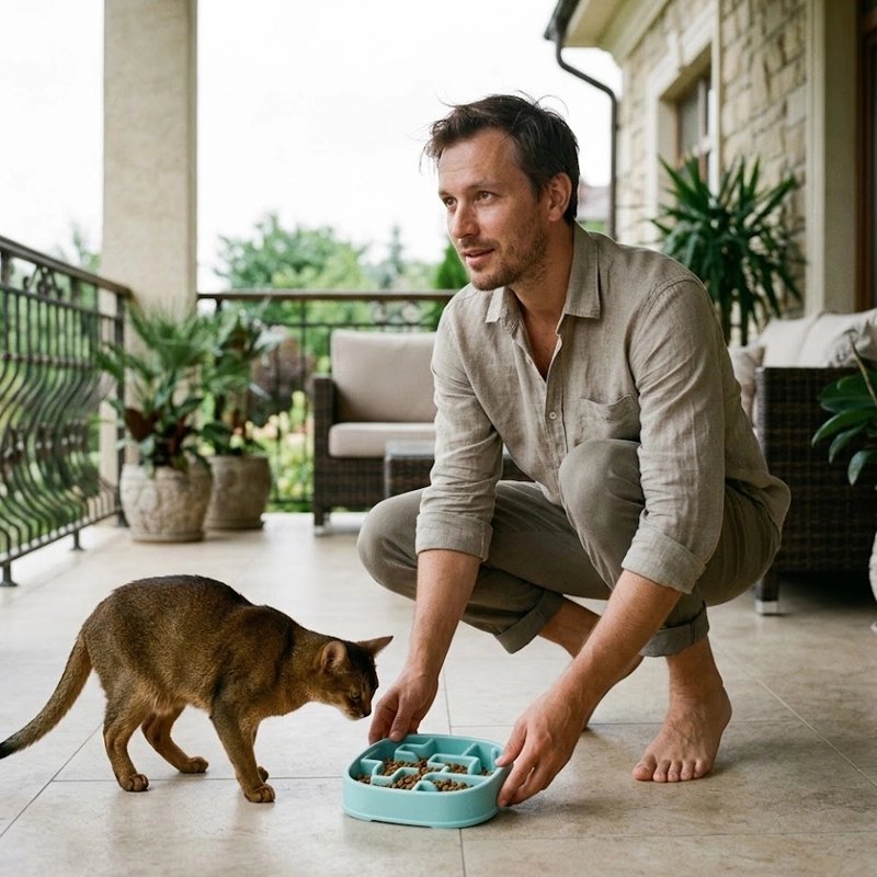 Gamelle glouton chat bleue homme pose repas au chat