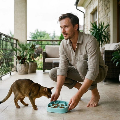 Gamelle glouton chat bleue homme pose repas au chat