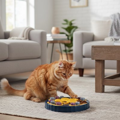 Gamelle ludique chat bleue chat roux joue 