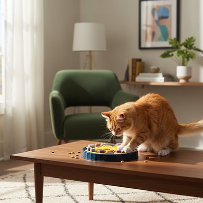 Gamelle ludique chat bleue sur table chat attrapant croquettes
