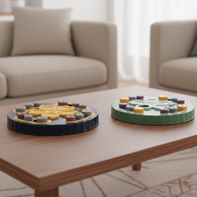 Gamelle ludique chat deux coloris vert bleu sur table 