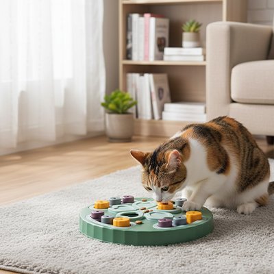 Gamelle ludique chat verte chat curieux dans salon