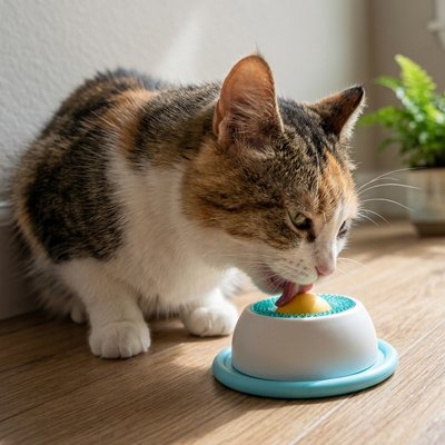 Gamelle pour chat anti glouton bleue chat léchant boule