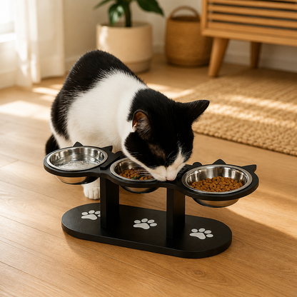 gamelle surélevée chat avec chat noir mangeant des croquettes